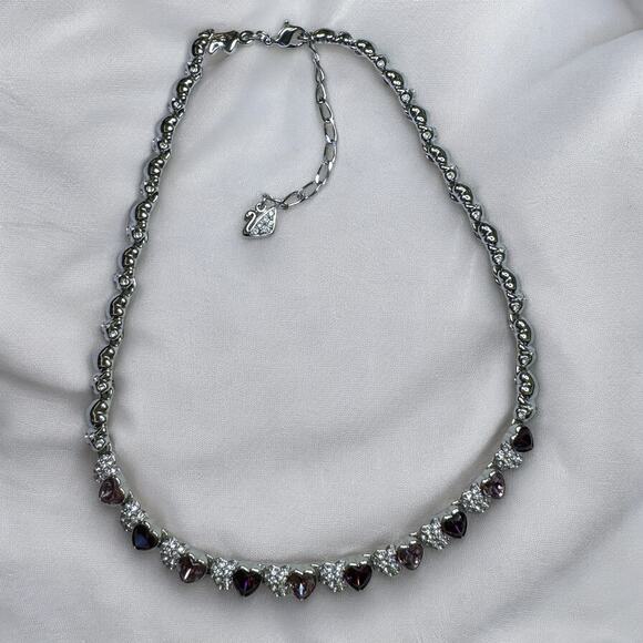 Swarovski Signed Heart Choker Necklace, Pink and Purple Stones, Rhodium Plated - Picture 2 of 8